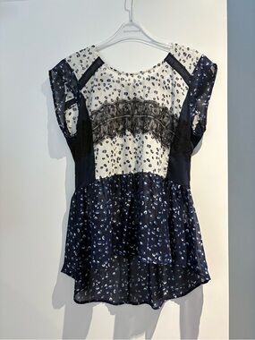 Anthropologie Women's Navy & White Mixed Print Lace-Trim Blouse